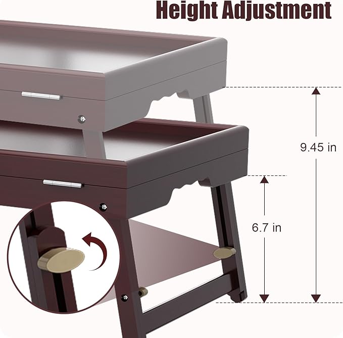 2 Pack Bamboo Adjustable & Foldable Bed Tray Table with Ergonomic Handle, 17x12in Breakfast Tray for Eating, Laptop Desk, Sofa Snacking, Non-Slip Surface (Mahogany)