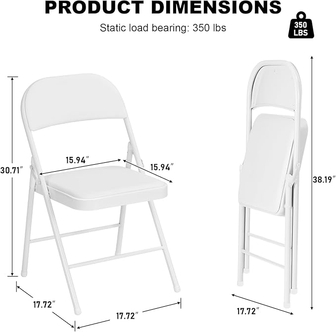 6 Pack White Folding Chairs with Padded Cushion for Outside, Portable Stackable Commercial Metal Foldable Chairs with Steel Frame for Home Events Office Wedding Party, 350lbs Capacity