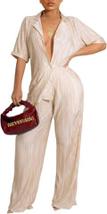 Ekaliy Women's 2 Piece Casual Pleated Outfits Short Sleeve Button Down Shirt High Waist Wide Leg Trouser Sets Suit