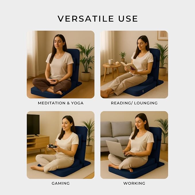 Friends Of Meditation Buddha Meditation Chair – Portable Folding Yoga Chair for Adults with Detachable Back Support & Zafu Cushion, Ergonomic Meditation Seat, Navy Blue