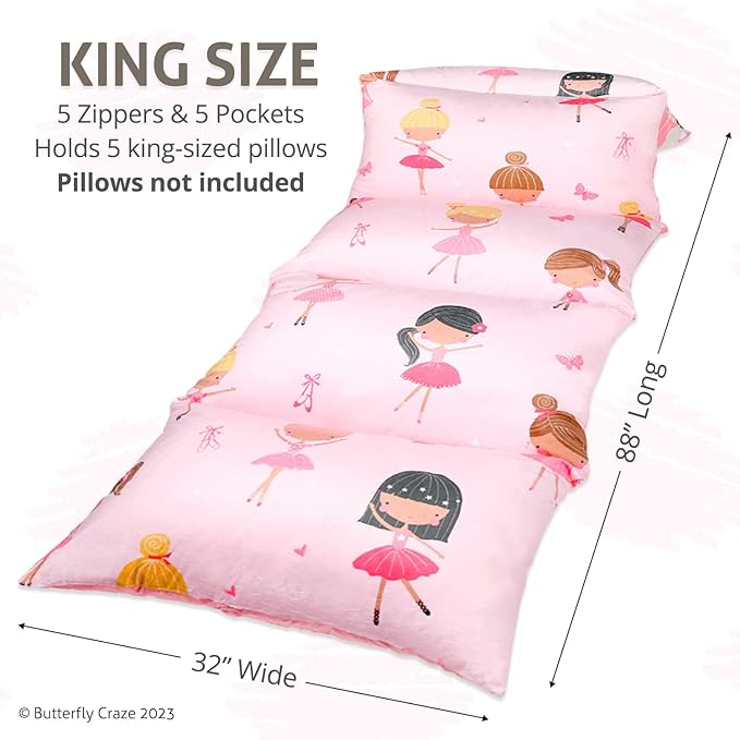 Butterfly Craze Floor Lounger Cover - Machine Washable Floor Mattress Cover - Versatile Seating & Sleeping Pad Alternative - Guest Bed Option for Sleepovers - King Size, Pink Ballerina