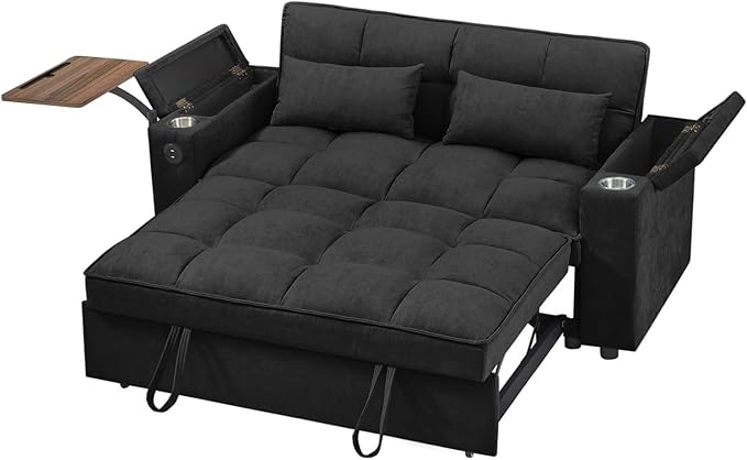 oaaktu ﻿ 65''Convertible Sleeper Sofa Bed,3-in-1 Pull Out Couch Bed with 360 Degree rotatable Side Table and USB Ports for Living Room,RV (07Black)