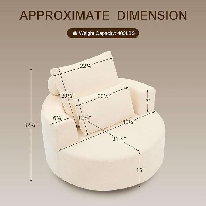 Furnimart 40" Oversized Barrel Accent Chair Set of 2, 360° Swivel Round Upholstered Sofa, Chenille High-Resilience Sponge, No Assembly, Wide Seat for Living Room, Bedroom, Apartment (Beige)