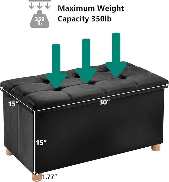 30 Inches Folding Storage Ottoman Bench, Velvet Storage Chest, Footrest Couch with Wooden Legs, Support 350lbs for Bedroom, Living Room, Hallway, Black
