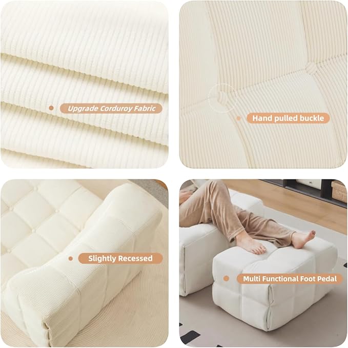 Bean Bag Chair - Memory Foam Bean Bag Chair for Adults, Comfy High-Resilience Single Sofa, Small Space Floor Chair, Chaise Lounge for Living Room, Bedroom (Beige, Square + Ottoman)