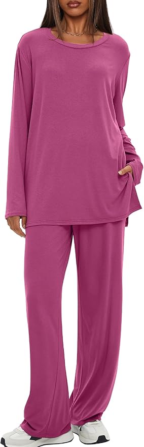 Darong Women's 2 Piece Lounge Set Casual Long Sleeve Crew Neck Tops Wide Leg Pants Travel Airport Outfit Matching Sets