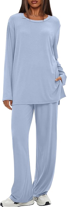Darong Women's 2 Piece Lounge Set Casual Long Sleeve Crew Neck Tops Wide Leg Pants Travel Airport Outfit Matching Sets