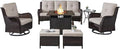 Belord Outdoor Patio Furniture Set with Propane Fire Pit Table, 7 Pieces Wicker Patio Conversation Set with 2 Swivel Glider Rocker Chair Rattan Sofa Beige Cushion Perfect for Casual Gathering