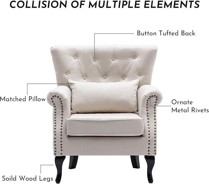 LZAREAL Accent Reading Arm Chairs for Living Room Bedroom, Midcentury Modern Comfy Corner Sofa Chair, Wingback Waiting Room Club Chair with Button Tufted Back &Lumbar Pillow, Linen Beige