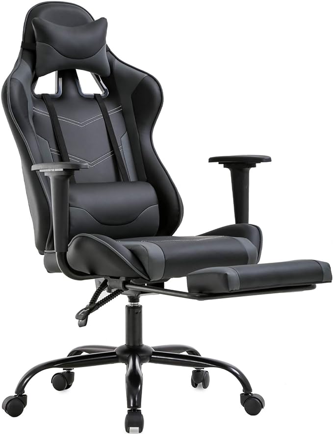 BestOffice | Ergonomic Gaming Chair | Grey | Reclining Computer Chair with Lumbar Support, Headrest Pillow, Adjustable Footrests | 360 Swivel with Heavy Duty Wheels | for Home & Office