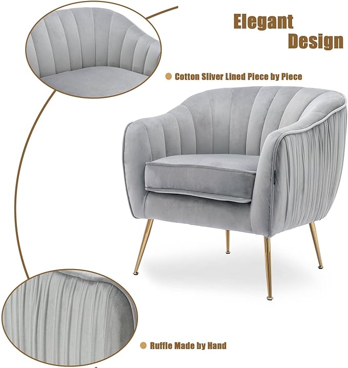 Altrobene Velvet Accent Chair, Modern Barrel Chair, Living Room Bedroom Arm Chairs, Golden Finished, Grey