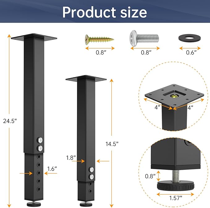 POROHOM 4PCS Adjustable Square Table Leg (14-24inch)，Metal Desk Legs, Home Office DIY Furniture Leg Set for Tables, DIY desks, Counter Tops, Kitchen Tables,Office Desk (Black)