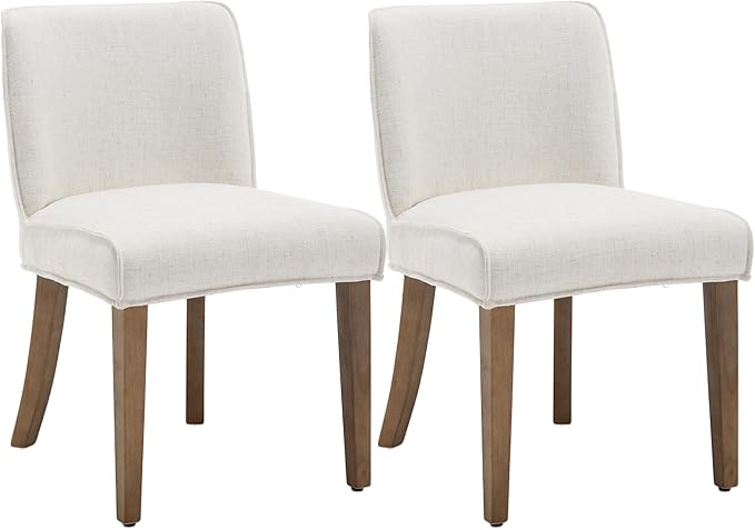 chairus Farmhouse Dining Chairs Set of 2, Upholstered Comfy Dining Room Chairs Linen Fabric Walnut Brown Wood Kitchen Chairs for Dining Table, Living Room, Kitchen, White