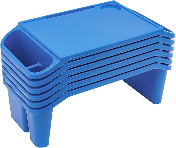 6 Pcs Kids Lap Desk Tray, Plastic Breakfast Lap Desk Trays with Storage Slots, Portable Stackable Lap Tray Tables for Writing Drawing Classroom, 19.69" L x 9.84" W x 7.1" H (Blue)