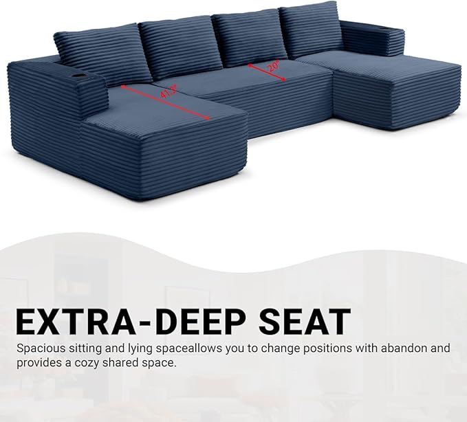 132" Modular Sectional Sleeper Sofa, Boneless Cloud Couch for Living Room, U Shaped 5 Seat Sofa with 2 Cup Holders, Free Combination, No Assembly Required (Blue)
