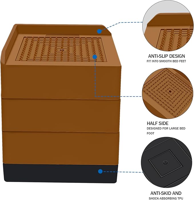 ANNKUT Bed Furniture Risers 4 Inch, Heavy Duty Furniture Elevator in Heights of 1.5, 3 or 4 Inch， Square Raising Blocks for Bed, Couch, Desk, Sofa, Tables,Support Up to 1,300 Lbs (4 Pack-Brown)