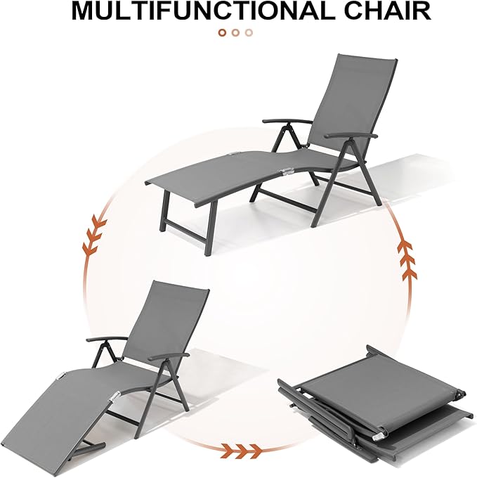 Crestlive Products Folding Patio Chaise Lounge Chair Outdoor, Aluminum Adjustable Outdoor Pool Recliner Chair, Assemble-Free, 8 Positions