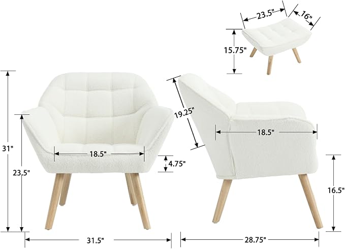 QUINJAY Modern Sherpa Accent Chair with Ottoman Set of 2, Fluffy Upholstered Lounge Chair with Footrest, Comfy Living Room Side Boucle Armchair for Small Space Bedroom, White