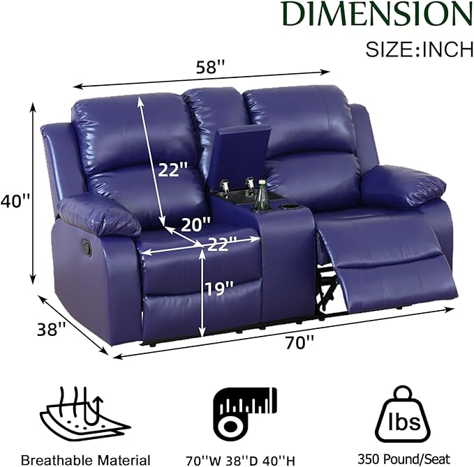 Caberryne Leather Recliner Sofa，Reclining Sofa Set for Living Room Furniture Sets，Purple Double Recliner Loveseat for Living Room/Office/Theater Seating/Rv(2 Seater Couch)