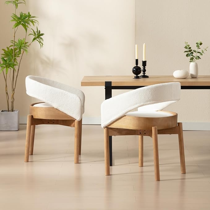 DUOMAY Modern Sherpa Dining Chairs Set of 2, Open Back Kitchen Chairs with Solid Wood Legs Upholstered Curved Back Side Chairs for Kitchen Restaurant, Fur White