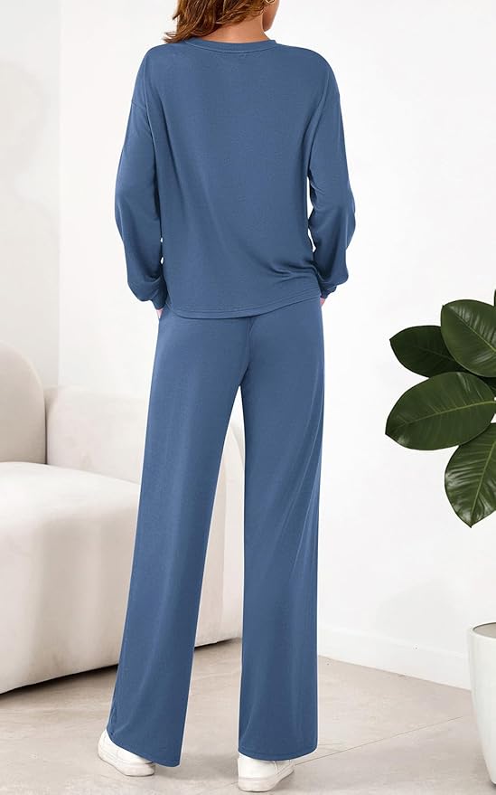 PRETTYGARDEN Womens 2 Pieces Lounge Sets Crewneck Long Sleeve Wide Leg Drawstring Pants Tracksuits Loose Fit Outfits Set
