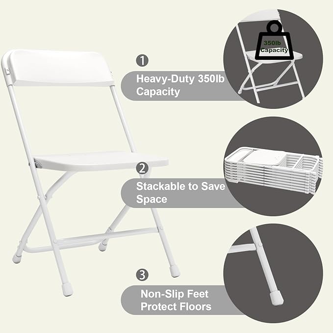 Folding Chairs30 Pack,Heavy Duty White Plastic Stackable Event Chairs for Indoor Outdoor, 350lb Capacity Portable Commercial Banquet Chairs for Wedding, Party, Office