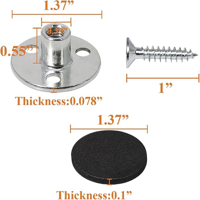 AORYVIC 5/16'' Round Base Screw-in T-Nuts Furniture Sofa Hardware with Screw and Rubber Pad Set of 4
