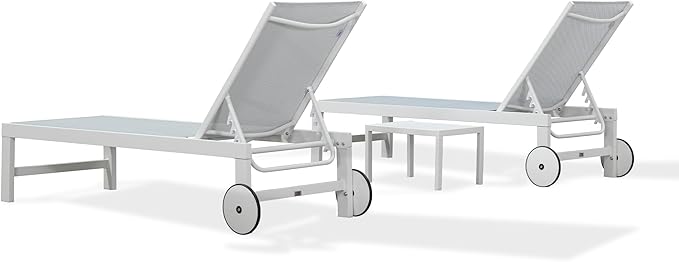 PURPLE LEAF Outdoor Chaise Lounge Chairs Set of 2 White Aluminum Lounge Chair Five-Position Adjustable Chaise Lounge with Wheels and Table for Pool Deck Patio, Mixed Color
