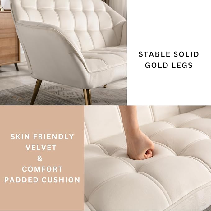 48" Small Loveseat Sofa, Mid Century Modern Velvet Love Seat with Golden Legs 2-Seat Sofa Couch Tufted Wingback Upholstered Sofa Chair for Living Room Bedroom Apartment, Cream