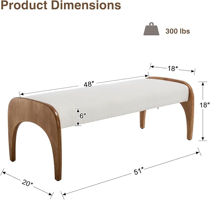 DUOMAY Modern 51" Wide Ottoman Bench, Long Entryway Bedroom Bench with Solid Wood Legs and Linen Upholstered Dining Bench Storage Bench for Living Room Indoor, Kitchen, White