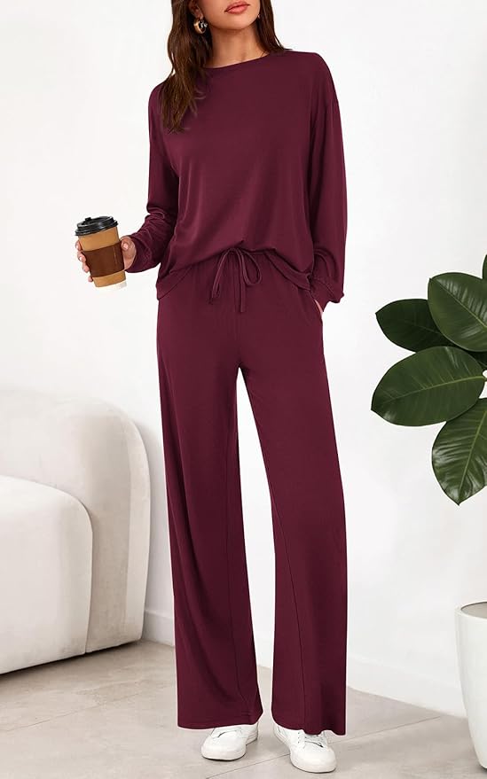 PRETTYGARDEN Womens 2 Pieces Lounge Sets Crewneck Long Sleeve Wide Leg Drawstring Pants Tracksuits Loose Fit Outfits Set