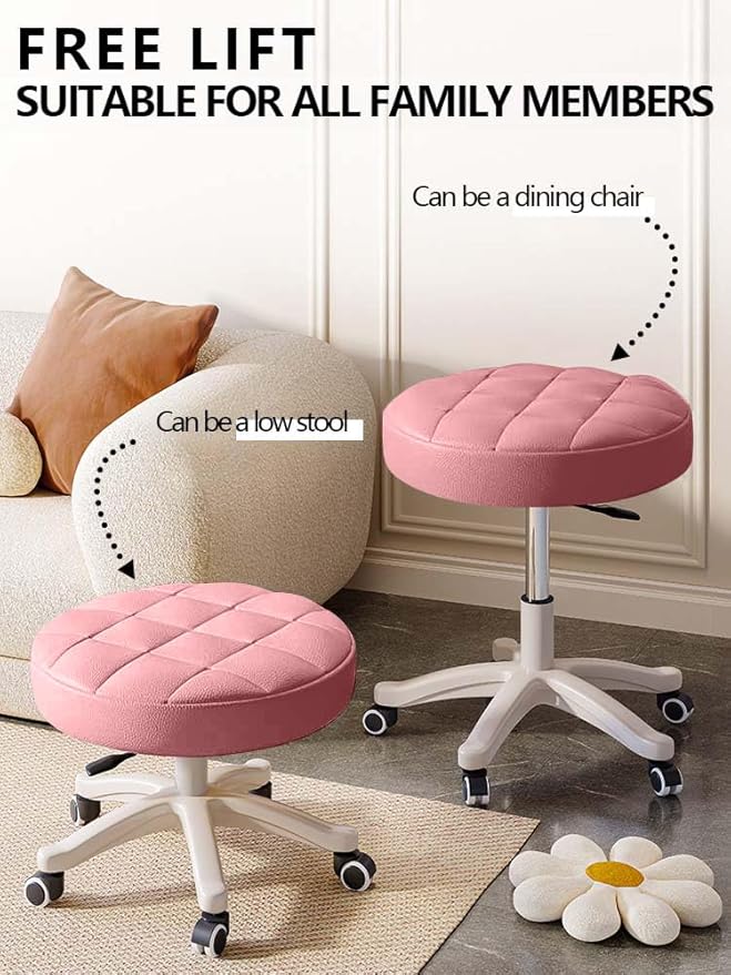 HDHNBA Small Chair Round Rolling Stool with Wheels PU Leather Height Adjustable Swivel Drafting Work SPA Salon Stools Home Office Chair,4 Pack