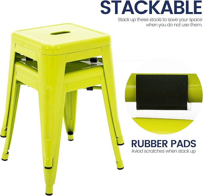 Brage Living 18 Inch Industrial Metal Stools Set of 2, Stackable Classroom Kitchen Short Stools, Backless Metal Dining Chairs for Indoor Outdoor (Lime Green)