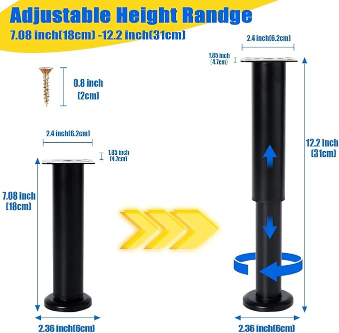 Olldag 6 PCS Adjustable Height Bed Support Legs for Bed Frame/Bed Center Slat, Heavy Duty Furniture Replacement Legs 7.08-12.2 inch for Sofa/Cabinet/Couch/Dresser/Table (Black)