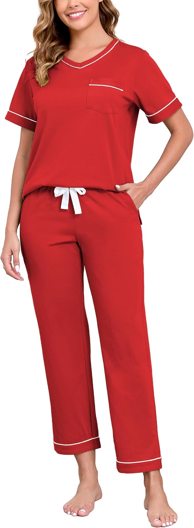 CF Women's 100% Cotton Pajama Sets Soft Short Sleeve Tops & Pants Comfy Sleepwear 2 Piece Lounge set with Pockets Loungewear