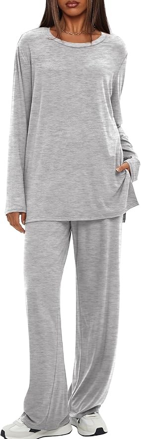 Darong Women's 2 Piece Lounge Set Casual Long Sleeve Crew Neck Tops Wide Leg Pants Travel Airport Outfit Matching Sets
