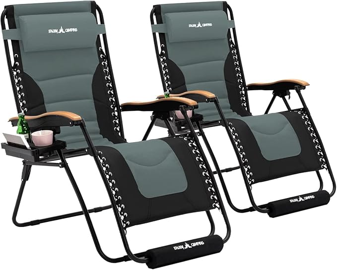 Amopatio Oversized Zero Gravity Chair Set of 2 with Cup Holder, Folding Padded Reclining Lounge Chair with Footrest & Headrest for Indoor and Outdoor, Support 400LBS, Grey