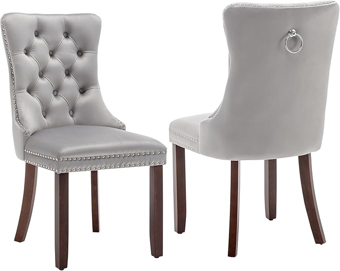 Kiztir Velvet Dining Chairs Set of 2, Upholstered Dining Chairs with Nailhead Trim and Button Back, Luxury Tufted Dining Chair for Living Room, Bedroom, Kitchen (Light Gray)