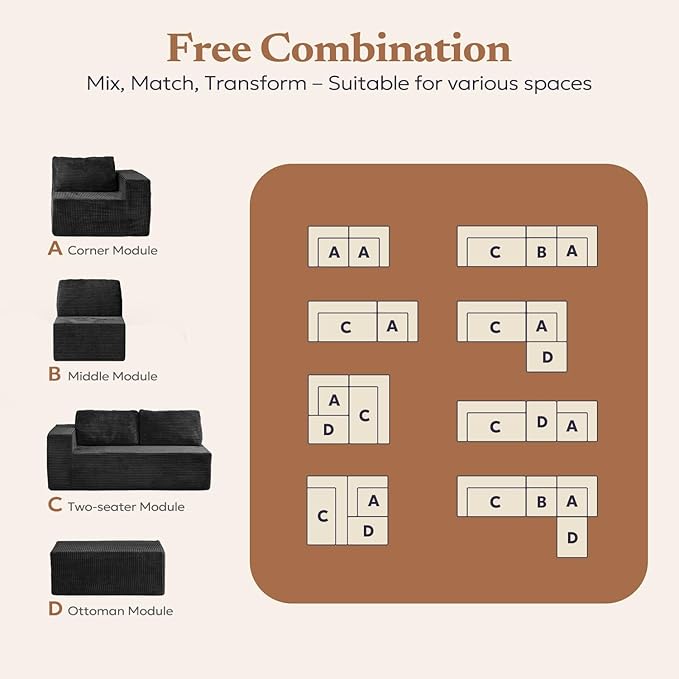 Furnify 136" Modular Sectional Sofa with L-Shape Chaise, Right/Left Facing Deep Seat Cloud Couch, No Assembly Required, Upholstered Couch for Living Room Bedroom (Black, Plush Corduroy Fabric)