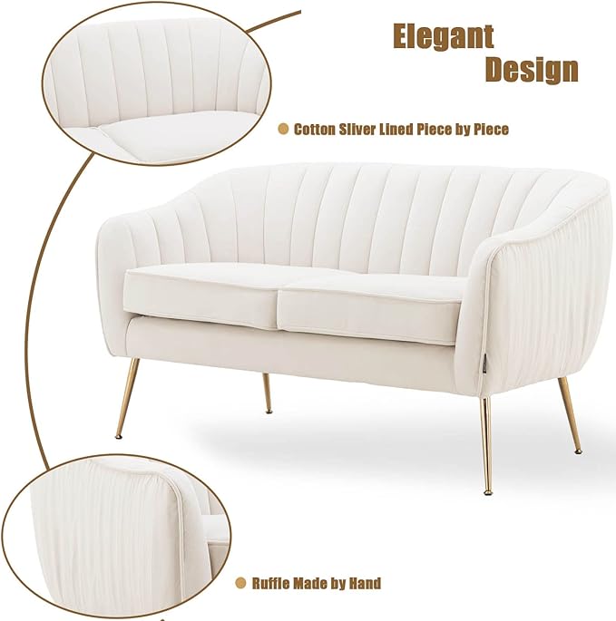Altrobene Velvet Couch Sofa Chairs for Two People, Modern Loveseat for Living Rooms, Bedrooms, Small Spaces, Golden Finished, Beige