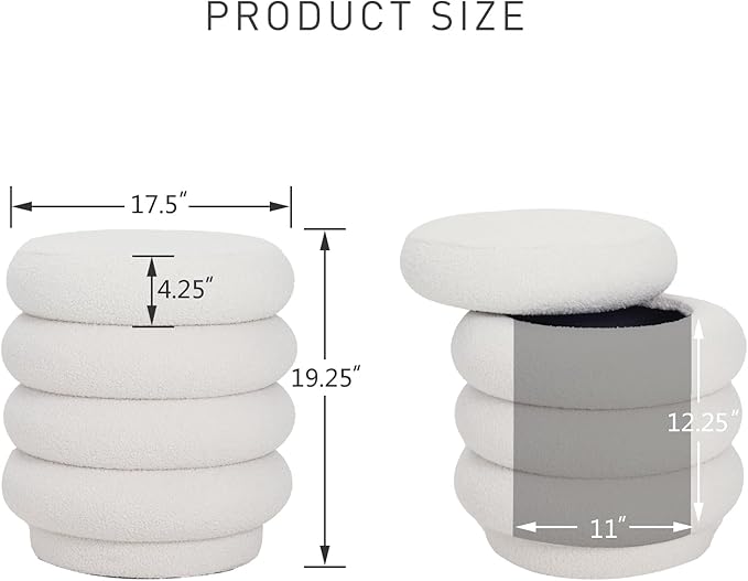 17.5'' Round Ottoman Foot Stool Fabric Storage Footrest Vanity Stool Chair, Modern Sherpa Upholstered Padded Seat with Lid for Living Room/Bedroom/Small Space/Make Up, Cream