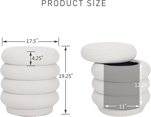 17.5'' Round Ottoman Foot Stool Fabric Storage Footrest Vanity Stool Chair, Modern Sherpa Upholstered Padded Seat with Lid for Living Room/Bedroom/Small Space/Make Up, Cream