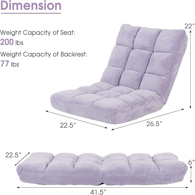 Floor Chair with Back Support, Foldling Gaming Sofa Chair with Comfy Cushion, Adjustable 14-Position Meditation Chairs, Lazy Lounge Recliner Reading Seat for Adults, Kids (Light Purple)