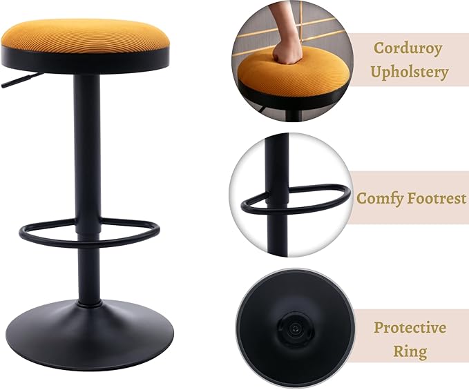 EALSON Modern Swivel Bar Stools Set of 4 Adjustable Counter Height Backless Barstools with Metal Base Fabric Upholstered Round Bar Stool Chairs for Kitchen Island/Pub/Breakfast Bar, Yellow
