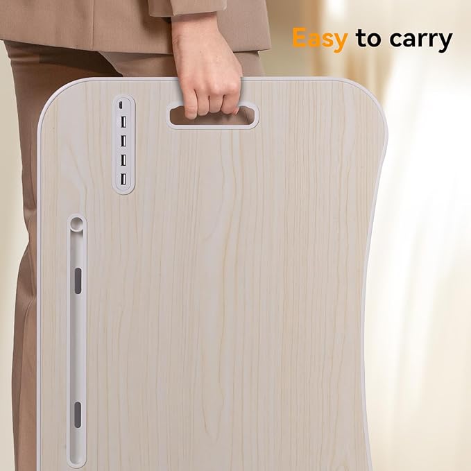 23.6 inch Portable Bed Desk, Folding Lap Desk with 4 USB Ports, Wind Fan, LED Light, Cup Holder and Side Drawer for Working, Reading, Writing, Eating on Bed, Sofa, Floor (Wood)