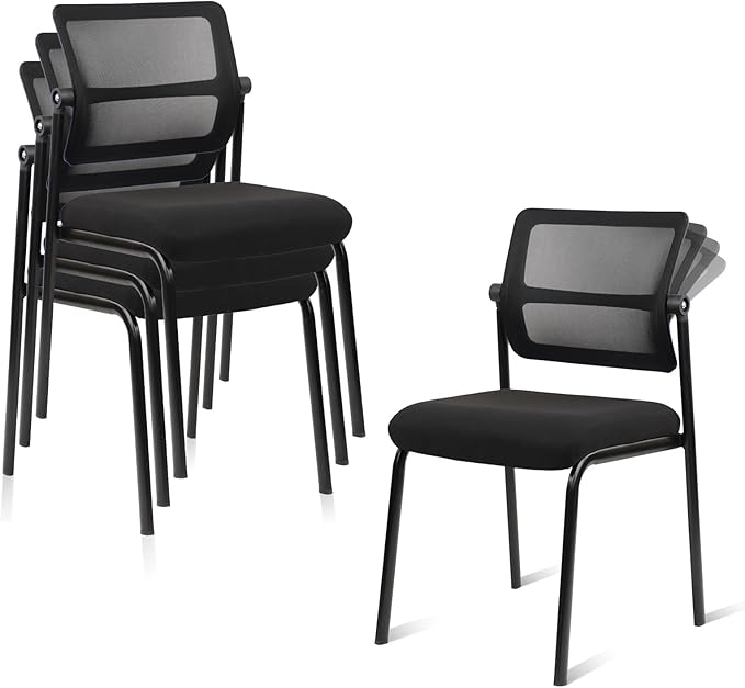 CLATINA 4PK Mesh Stacking Office Desk Chairs, Portable Stackable Bulk Waiting Room Armless Chair with Adjustable Back & Fabric Seat for Guest Lobby Side School Church Conference Break, Black