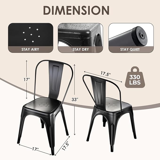 Metal Dining Chairs Set of 4,Stackable Tolix Chair Indoor/Outdoor for Kitchen,Cafe,Restaurant,Bistro & Patio Multiple Colors(Matte Black)