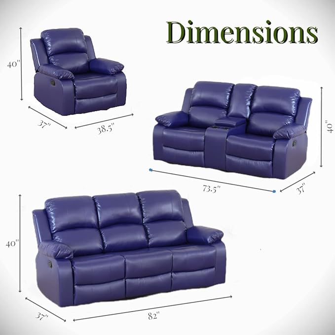 AYCP Bonded Leather 3-Piece Sofa Set, Blue, Manual Recline, Loveseat, Storage, Coffee Table, Artificial Leather, Living Room