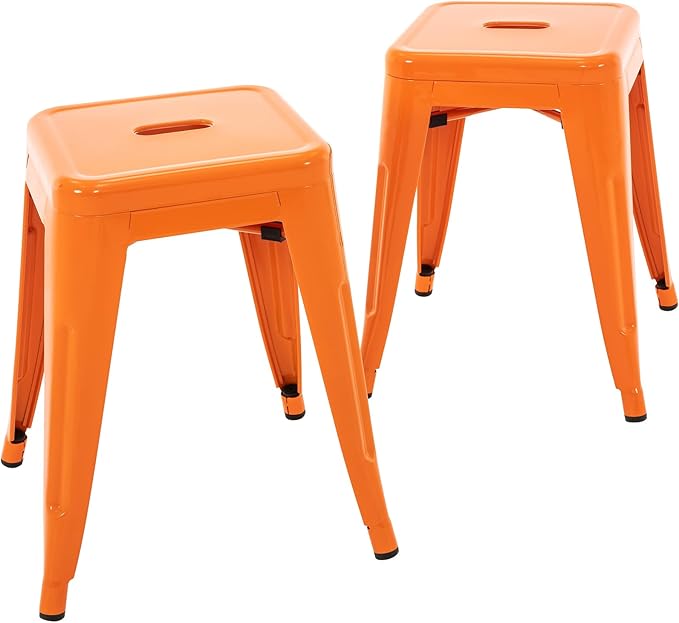 Brage Living 18 Inch Industrial Metal Stools Set of 2, Short Stackable Classroom Stools, Backless Metal Dining Chairs for Indoor Outdoor Kitchen (Orange)