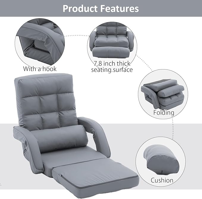 FLOGUOR 14-Position Adjustable Floor Chair, Chaise Lounge Indoor, Folding Lazy Sofa with Armrests and a Pillow Padded Adults Gaming Chairs for Living Room, Bedroom Factory Price,8803 (Grey（PU）)